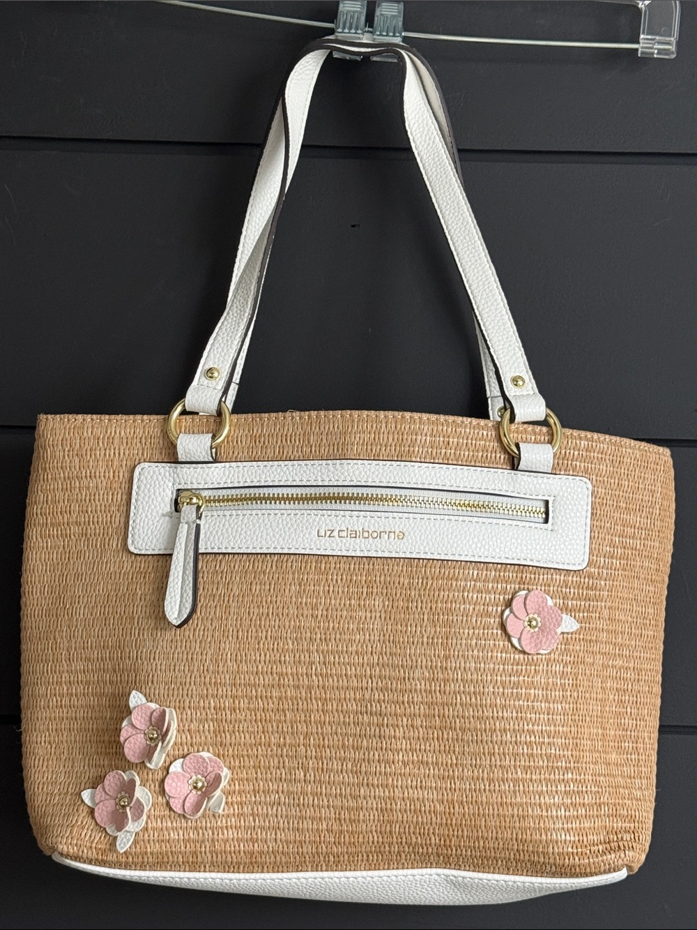 Liz Claiborne Natural Straw Tote with White Trim and Pink Floral Appliqués
